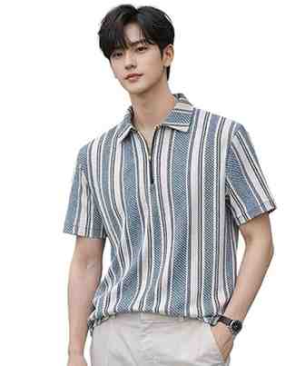 Half Sleeve Vertical Striped Polo T-Shirt with Zip Collar | Premium Polyester Fabric | T Shirt for Man